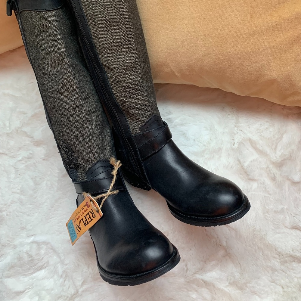 Replay Knee High Boots, Floral Embroidery, leather & wool pattern exterior